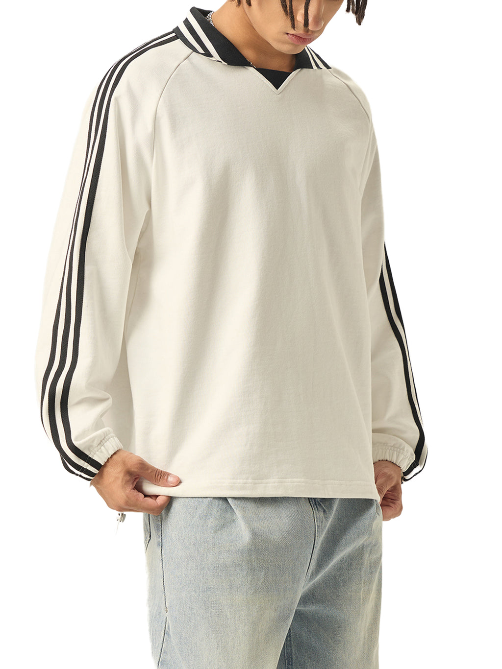 #7 Contrast Striped Lapel Collar Sweatshirt